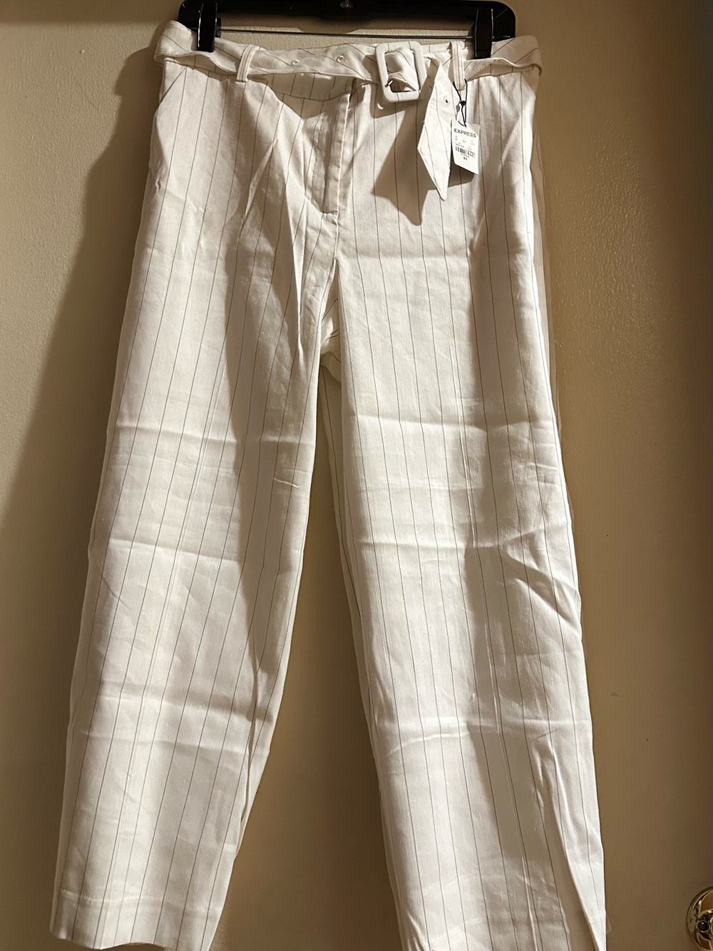 Women White Pinstripe Belted Trousers